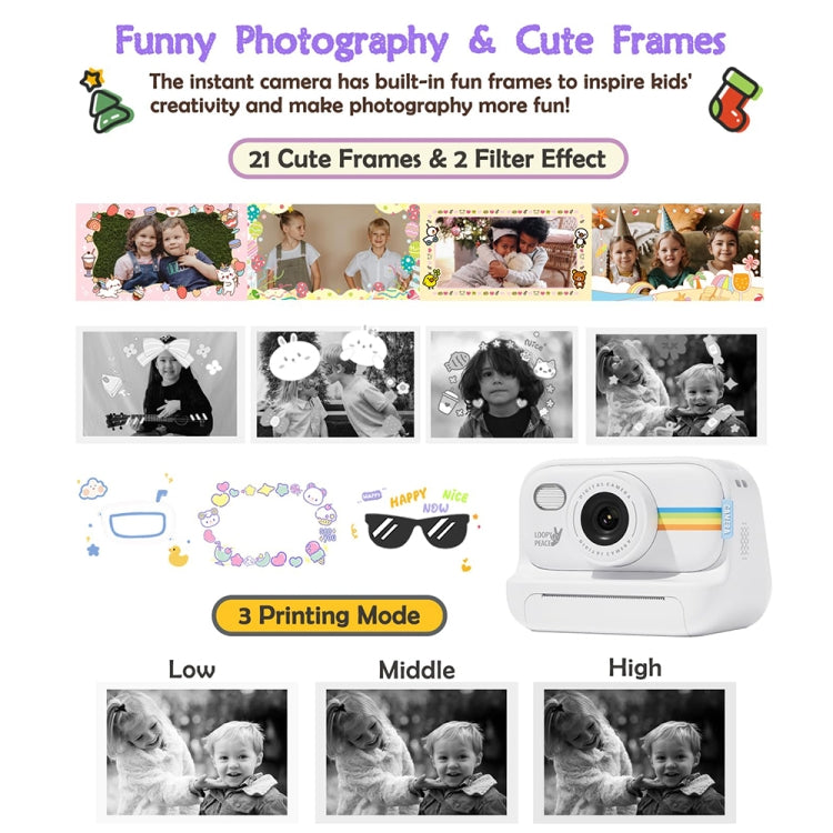 2.0-Inch LED Flash 1080P HD Recording Photo Printing Camera With 3-Rolls Paper, Color: Purple+32G