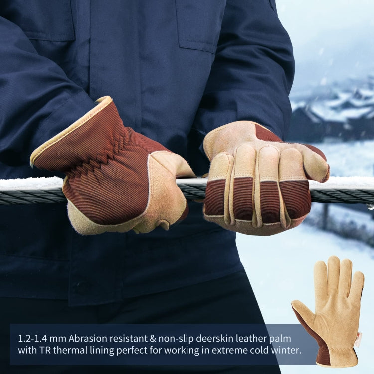 Deerskin Leather Thick Thermal Gloves for Working in Cold Weather, Size: L