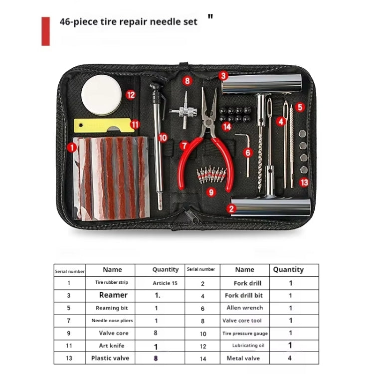 46pcs /Set Car Tubeless Tire Repair Needle Rubber Strip Valve Tip Needle-nosed Pliers Tool Set - With Bag