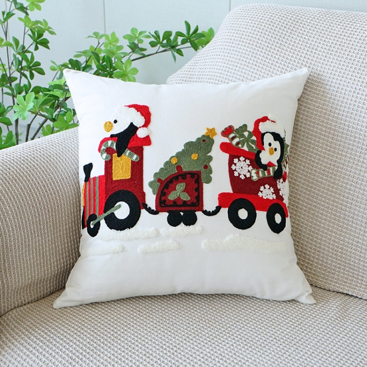 Christmas Embroidery Pillowcase Canvas Sofa Cushion Cover, Pillow Core Not Included, Style: 45x45cm Penguin Car