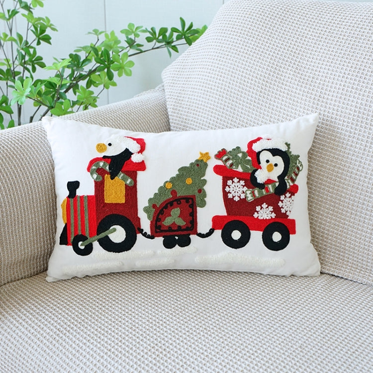 Christmas Embroidery Pillowcase Canvas Sofa Cushion Cover, Pillow Core Not Included, Style: 30x50cm Penguin Car