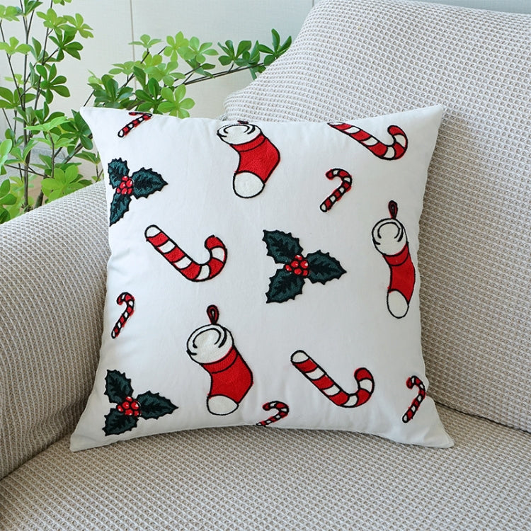 Christmas Embroidery Pillowcase Canvas Sofa Cushion Cover, Pillow Core Not Included, Style: 45x45cm Sock Cane