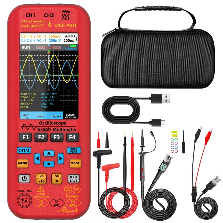 BSIDE O9 Digital Handheld Dual Channel 50MHz Oscilloscope Signal Source Multimeter, Spec: With Single Oscilloscope Probe  - Red