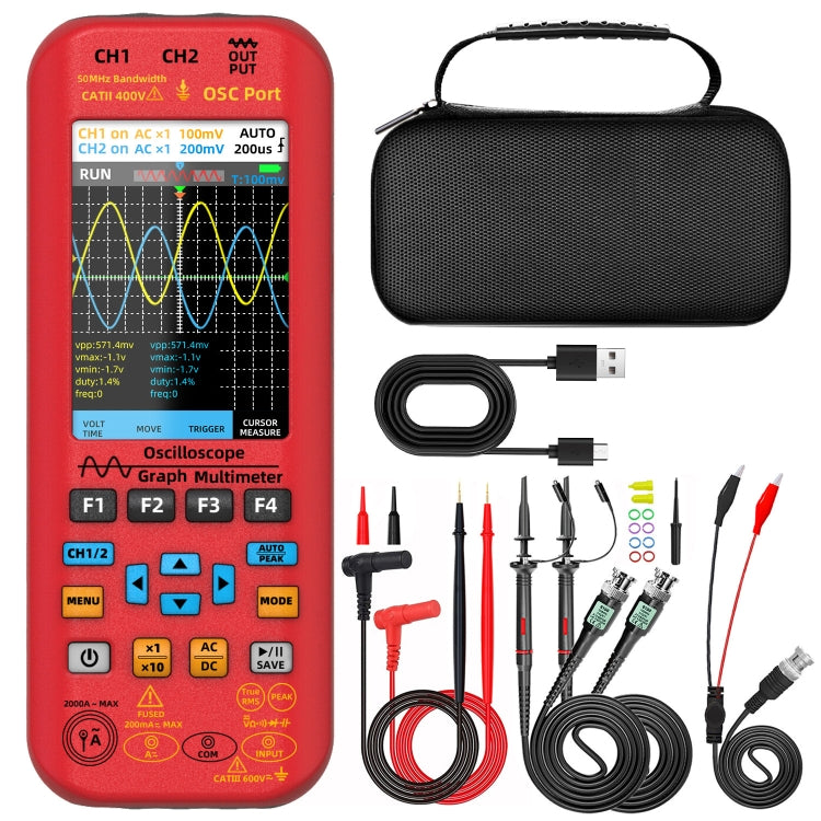BSIDE O9 Digital Handheld Dual Channel 50MHz Oscilloscope Signal Source Multimeter, Spec: With Dual Oscilloscope Probe  - Red
