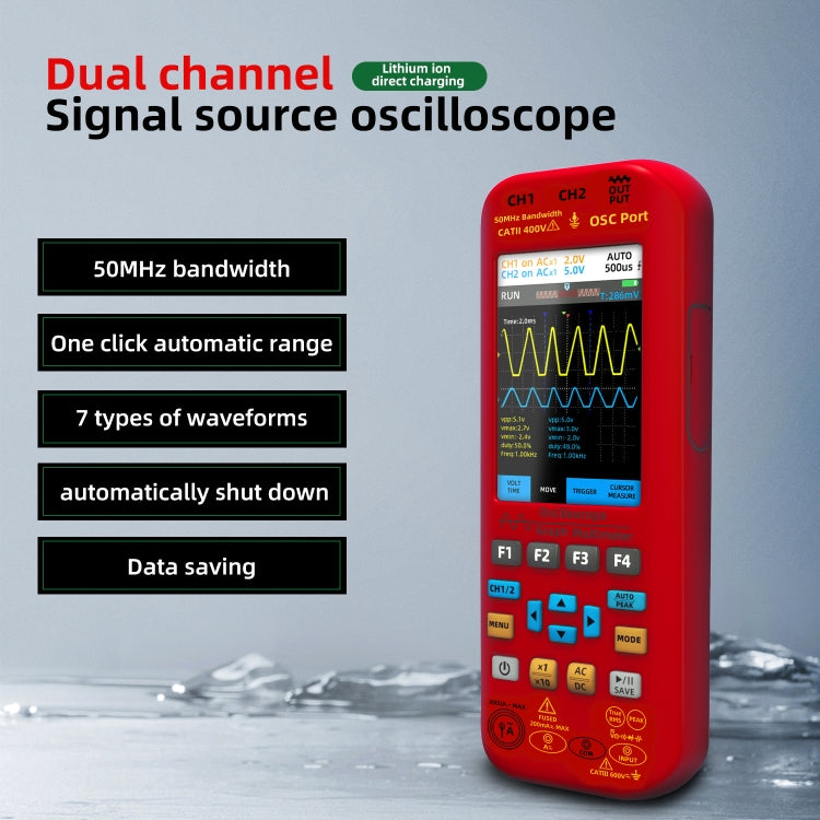 BSIDE O9 Digital Handheld Dual Channel 50MHz Oscilloscope Signal Source Multimeter, Spec: With Single Oscilloscope Probe  - Red