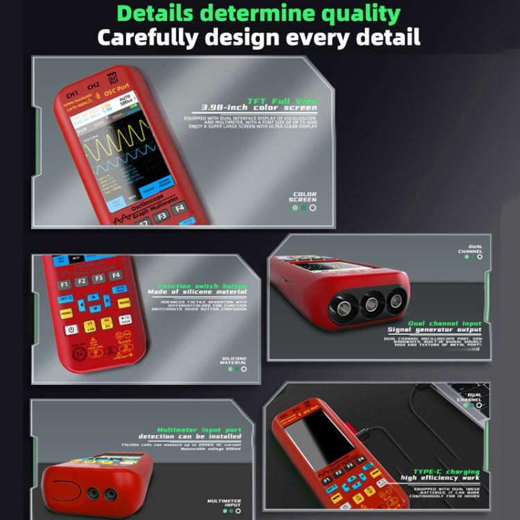 BSIDE O9 Digital Handheld Dual Channel 50MHz Oscilloscope Signal Source Multimeter, Spec: With Single Oscilloscope Probe  - Red