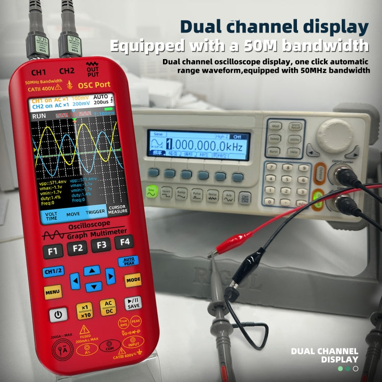 BSIDE O9 Digital Handheld Dual Channel 50MHz Oscilloscope Signal Source Multimeter, Spec: With Dual Oscilloscope Probe  - Red