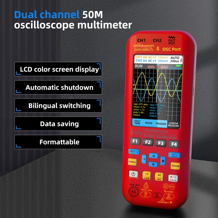 BSIDE O9 Digital Handheld Dual Channel 50MHz Oscilloscope Signal Source Multimeter, Spec: With Dual Oscilloscope Probe  - Red