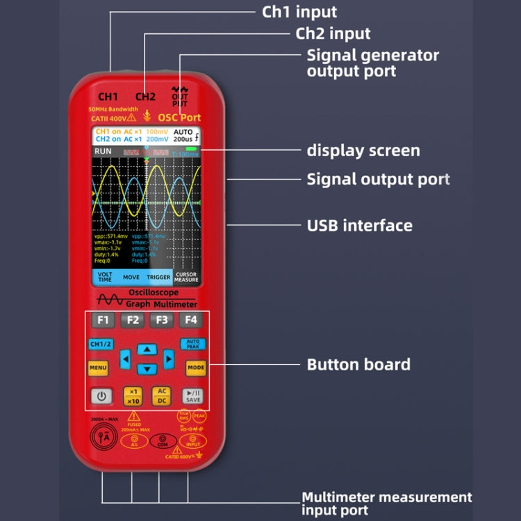 BSIDE O9 Digital Handheld Dual Channel 50MHz Oscilloscope Signal Source Multimeter, Spec: With Dual Oscilloscope Probe  - Red
