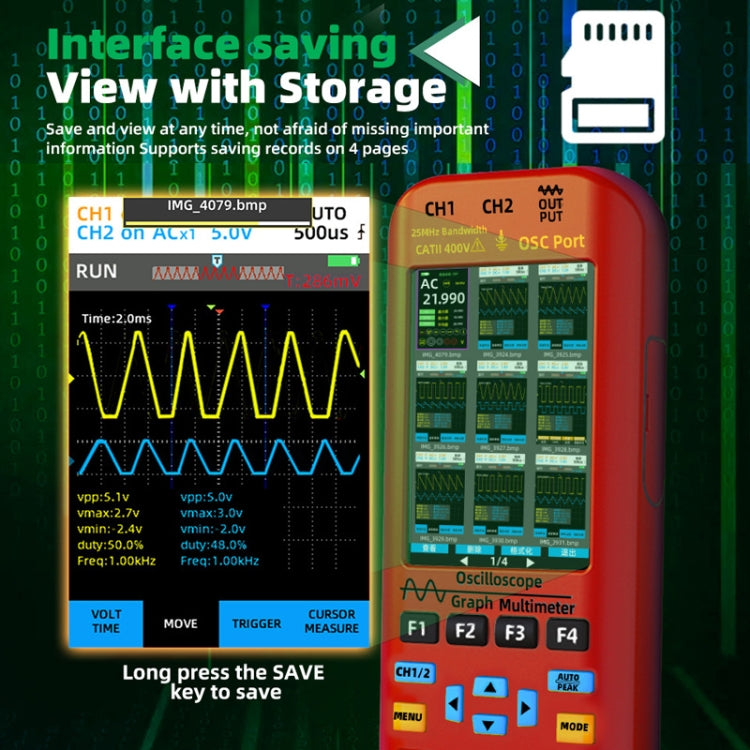 BSIDE O9 Digital Handheld Dual Channel 50MHz Oscilloscope Signal Source Multimeter, Spec: With Dual Oscilloscope Probe  - Red