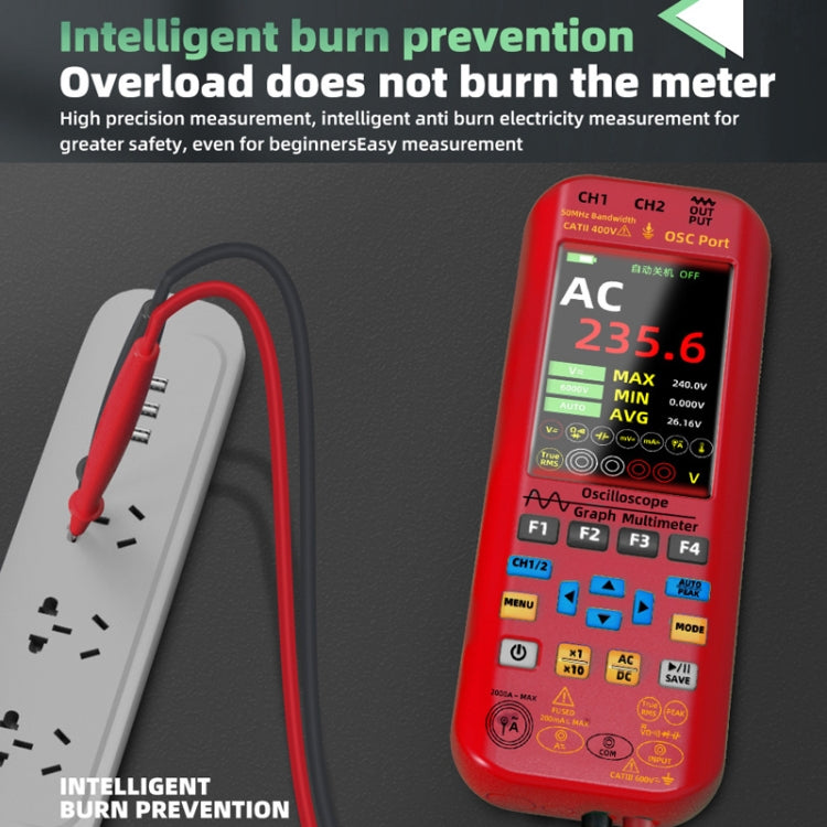 BSIDE O9 Digital Handheld Dual Channel 50MHz Oscilloscope Signal Source Multimeter, Spec: With Dual Oscilloscope Probe  - Red