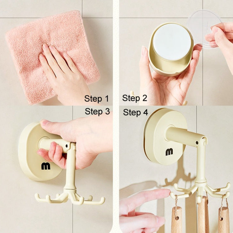 Suction Cup 6 Claws Rotating Hooks Wall Mounted Spatula Spoon Hanger No Punch Kitchenware Storage Shelf - Cream Color