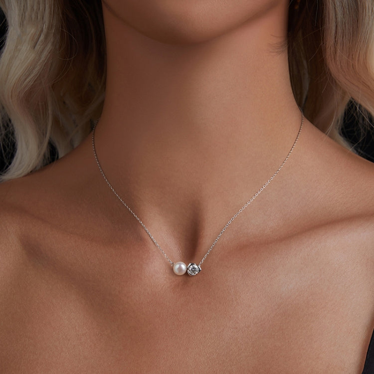 S925 Sterling Silver Platinum-plated Elegant Rose Moissanite Pearl Necklace - MSN040