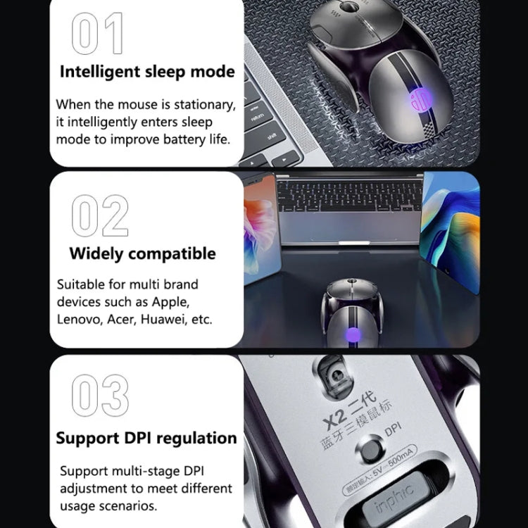 Inphic X2 Bluetooth Wireless Mouse Tri-Mode Silent Rechargeable Office Gaming Laptop Mouse - Liquid Metal Gray