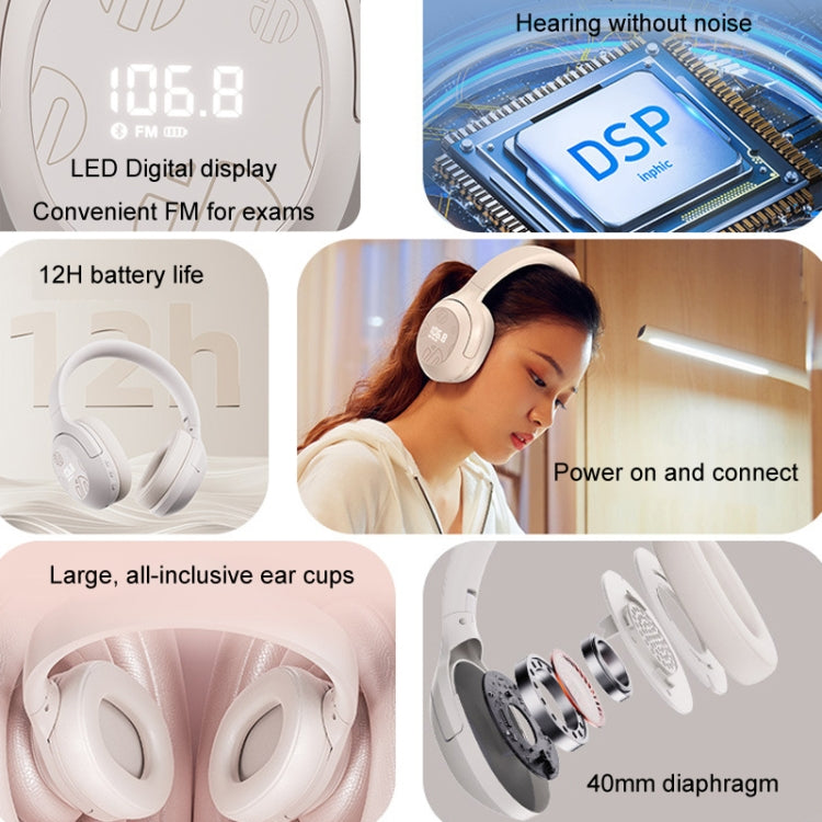 Inphic H1S Bluetooth Wireless Headphones Headset FM Listening Exam Hi-Res Audio Earphones - Khaki