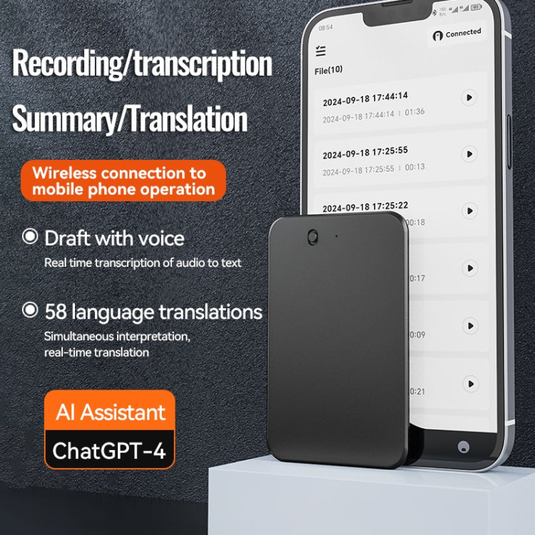 16GB AI Voice Recorder App Control Supports 58 Languages Simultaneous Interpretation / Transcribe & Summarize