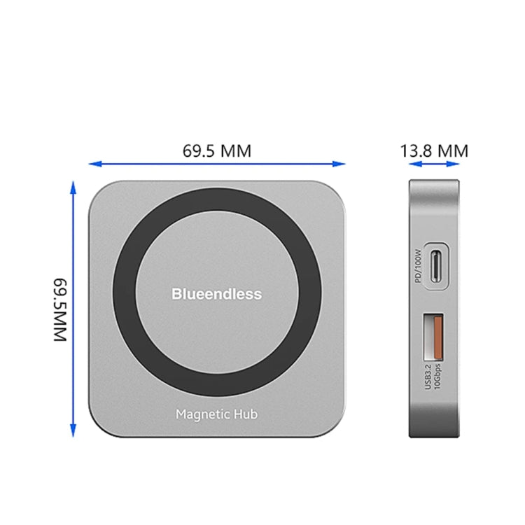 Blueendless 8-In-1 Magnetic HUB With M.2 NVMe/SATA SSD Enclosure  - HDMI+PD100W+USB-C/Type-C 3.2+USB-A 3.2+SD+TF+AUX