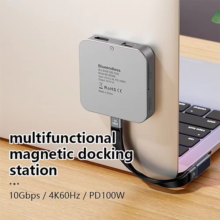 Blueendless 8-In-1 Magnetic HUB With M.2 NVMe/SATA SSD Enclosure  - HDMI+PD100W+USB-C/Type-C 3.2+USB-A 3.2+SD+TF+AUX