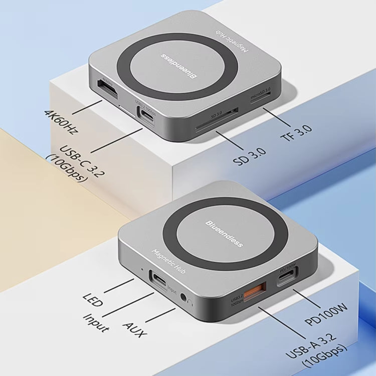 Blueendless 8-In-1 Magnetic HUB With M.2 NVMe/SATA SSD Enclosure  - HDMI+PD100W+USB-C/Type-C 3.2+USB-A 3.2+SD+TF+AUX