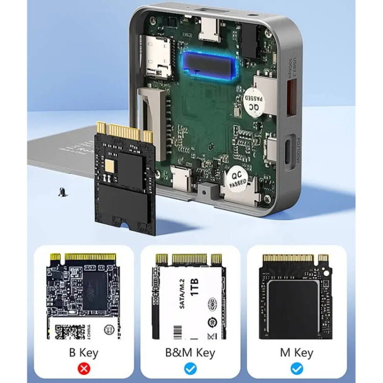 Blueendless 8-In-1 Magnetic HUB With M.2 NVMe/SATA SSD Enclosure  - HDMI+PD100W+USB-C/Type-C 3.2+USB-A 3.2+SD+TF+AUX
