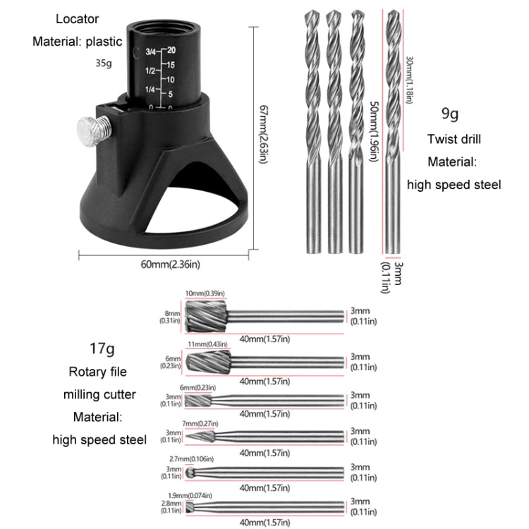 11pcs /Set Electric Grinding Locator With 4 Twist Drill + 6 Rotary File Milling Cutter Woodwork Tool for Dremel