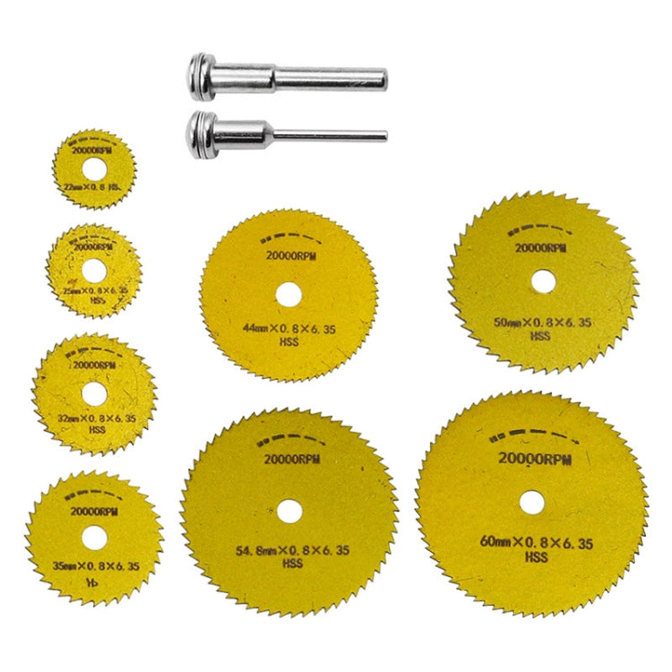 10pcs /Set High-Speed Steel Cutting Blade Multi-Size Cutting Wood PVC Electric Grinder Saw Blade Tool With 3.17mm+6mm Pole, Color: Gold
