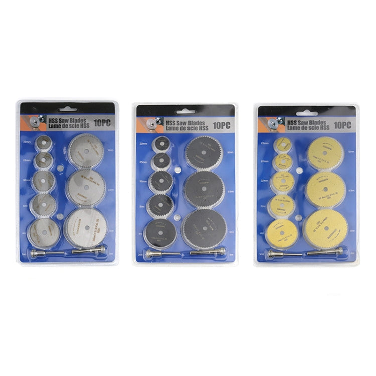 10pcs /Set High-Speed Steel Cutting Blade Multi-Size Cutting Wood PVC Electric Grinder Saw Blade Tool With 3.17mm+6mm Pole, Color: Gold