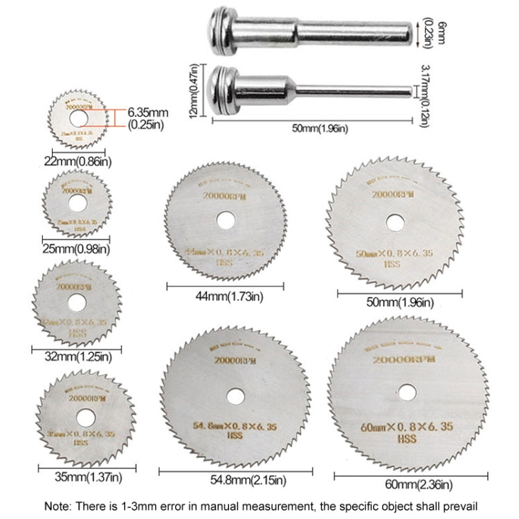 10pcs /Set High-Speed Steel Cutting Blade Multi-Size Cutting Wood PVC Electric Grinder Saw Blade Tool With 3.17mm+6mm Pole, Color: Black