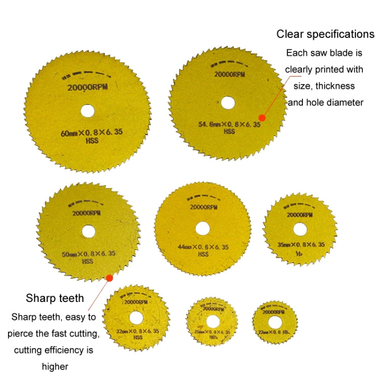 10pcs /Set High-Speed Steel Cutting Blade Multi-Size Cutting Wood PVC Electric Grinder Saw Blade Tool With 3.17mm+6mm Pole, Color: Gold