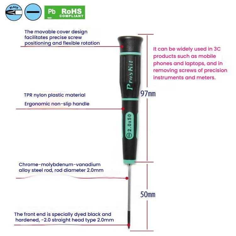 ProsKit SD-081-S3 Slotted Precision Screwdriver - 2.0 x 50mm for Daily Electronics Repairs - Green Black