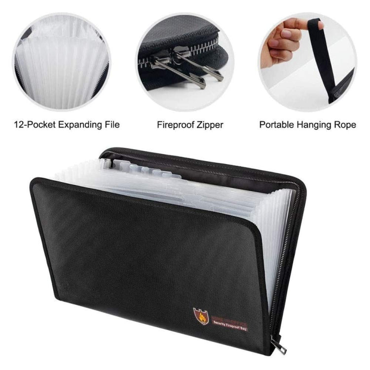 Fireproof Waterproof Accordion File Bag Document Organizer with 12 Pockets A4 Size 14.3x9.8x0.8 Inch