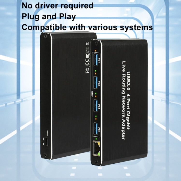 USB3.0 4-Ports Gigabit Network Adapter Plug and Play Router - Black