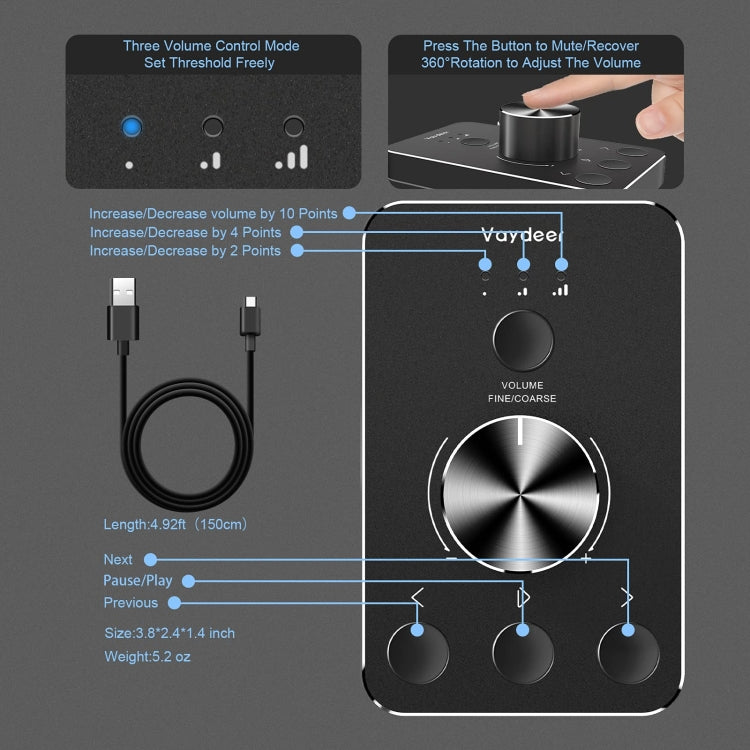 Vaydeer JP2011 USB Computer Volume Adjustment Controller Desktop Multimedia Rotary Button - Type-C