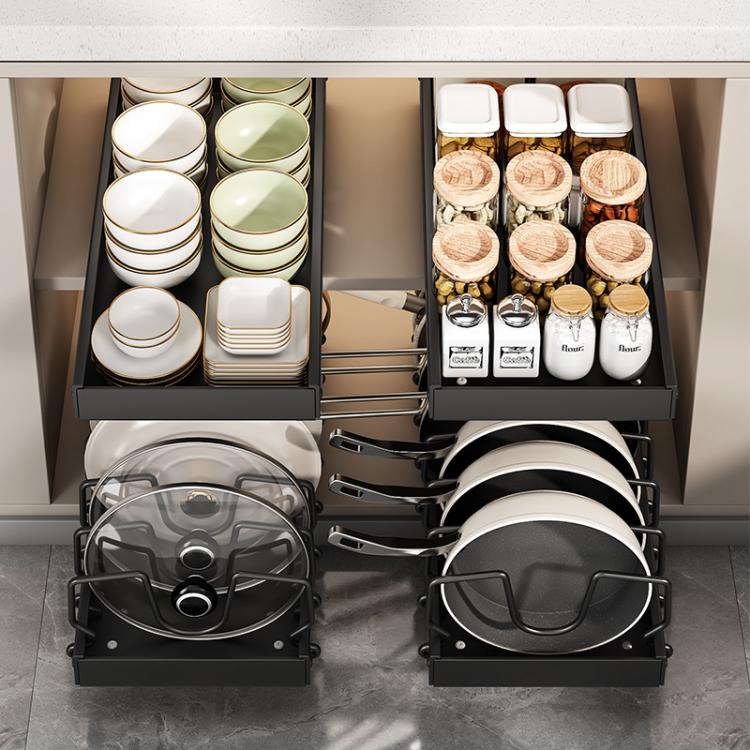Kitchen Pull-Out Rack Pots And Pans Organizer Cabinet Countertop Dish Tray 52cm With Baffle White