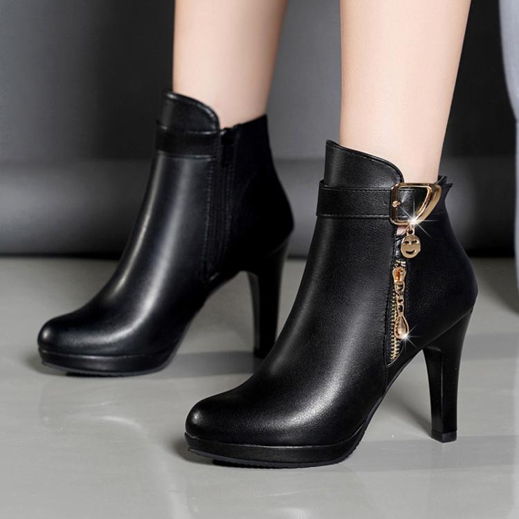 Winter Women Ankle Boots Plush Fine High Heels Sexy Round Toe Boots Simple Zipper Women Shoes, Size: 38 - Black
