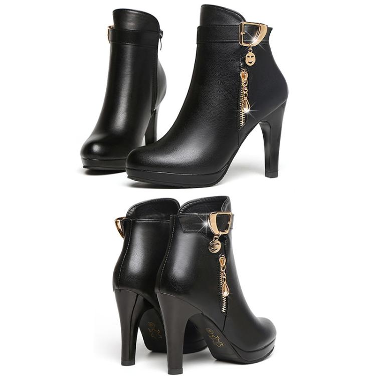 Winter Women Ankle Boots Plush Fine High Heels Sexy Round Toe Boots Simple Zipper Women Shoes, Size: 36 - Black