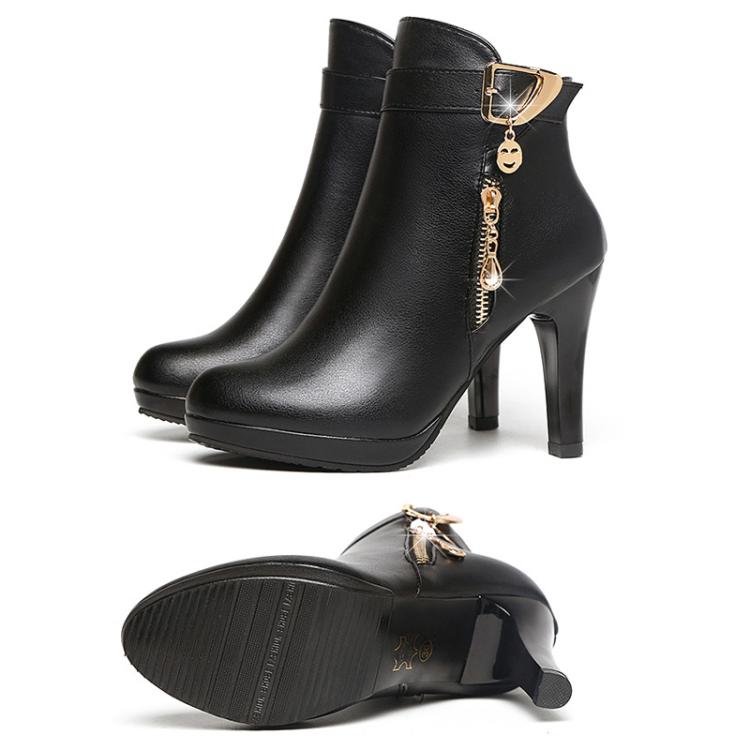 Winter Women Ankle Boots Plush Fine High Heels Sexy Round Toe Boots Simple Zipper Women Shoes, Size: 35 - Black
