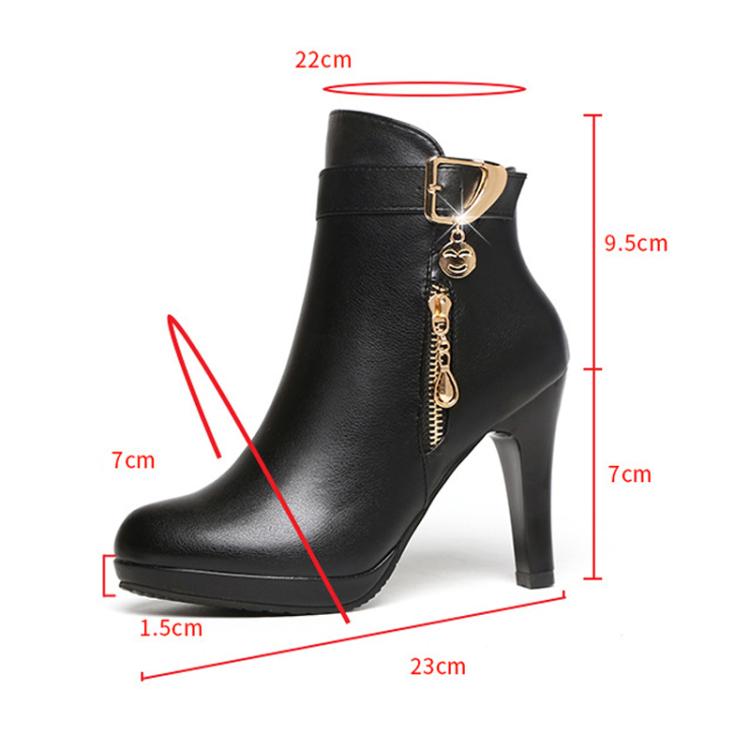 Winter Women Ankle Boots Plush Fine High Heels Sexy Round Toe Boots Simple Zipper Women Shoes, Size: 39 - Black