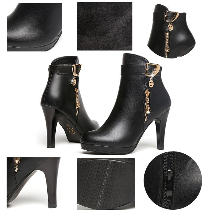Winter Women Ankle Boots Plush Fine High Heels Sexy Round Toe Boots Simple Zipper Women Shoes, Size: 37 - Black