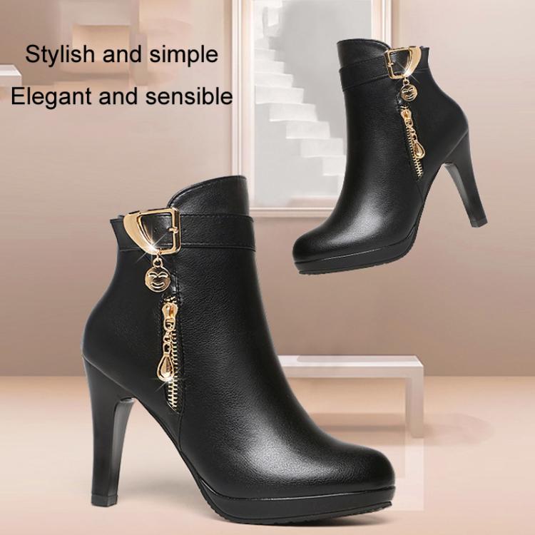 Winter Women Ankle Boots Plush Fine High Heels Sexy Round Toe Boots Simple Zipper Women Shoes, Size: 36 - Black