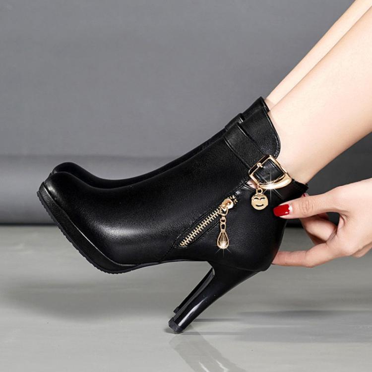 Winter Women Ankle Boots Plush Fine High Heels Sexy Round Toe Boots Simple Zipper Women Shoes, Size: 39 - Black