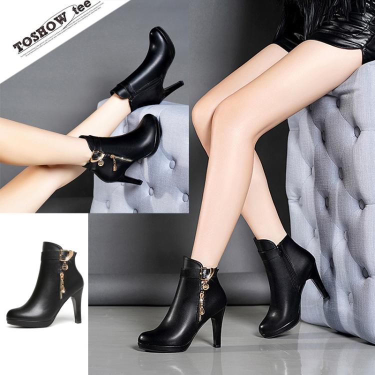 Winter Women Ankle Boots Plush Fine High Heels Sexy Round Toe Boots Simple Zipper Women Shoes, Size: 37 - Black