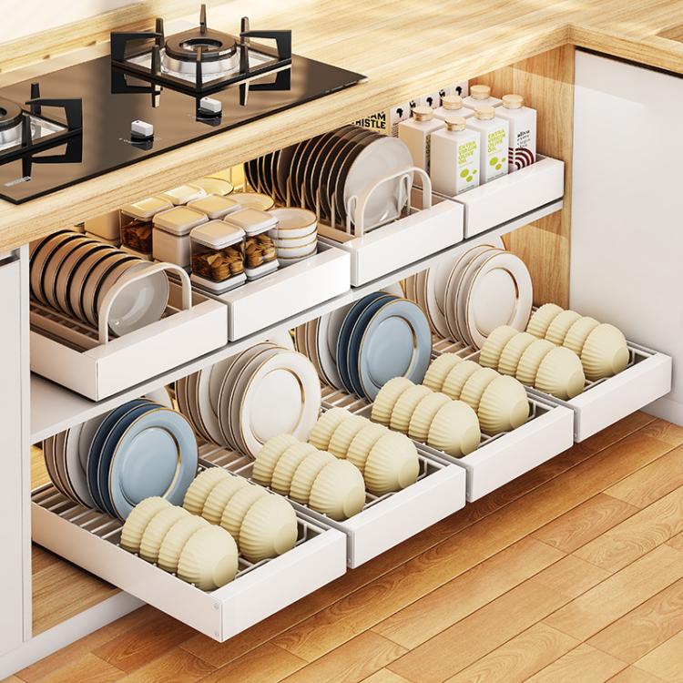 Pull-out Drainable Bowl Dish Storage Rack Cabinet Organizer Slide-out Drawer