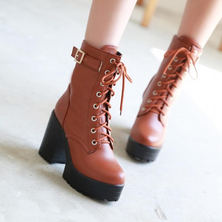 Women Lace-up Short Boots High Heels Platform Buckle Ladies Leather Boots, Size: 36
