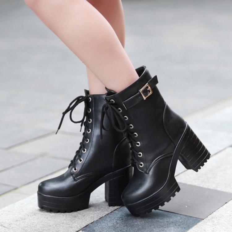 Women Lace-up Short Boots High Heels Platform Buckle Ladies Leather Boots, Size: 36