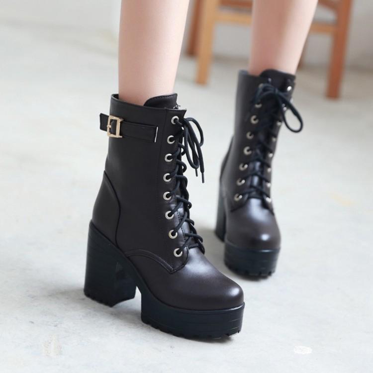 Women Lace-up Short Boots High Heels Platform Buckle Ladies Leather Boots, Size: 39