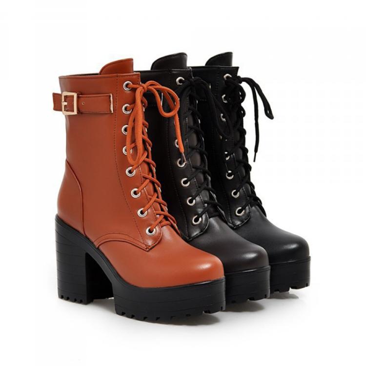 Women Lace-up Short Boots High Heels Platform Buckle Ladies Leather Boots, Size: 35