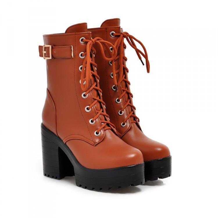 Women Lace-up Short Boots High Heels Platform Buckle Ladies Leather Boots, Size: 35
