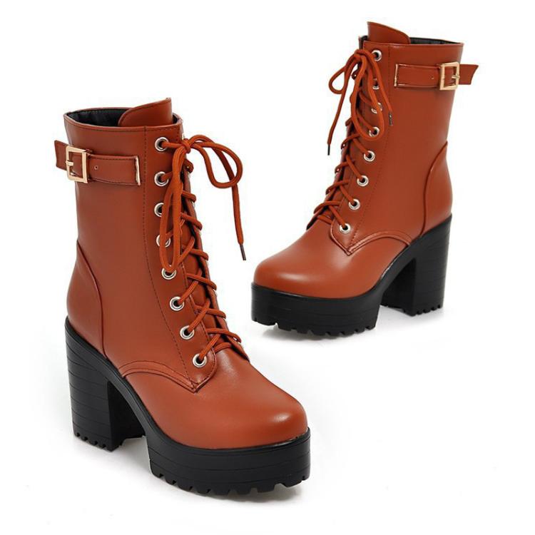 Women Lace-up Short Boots High Heels Platform Buckle Ladies Leather Boots, Size: 39