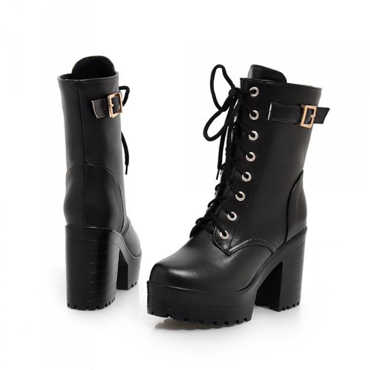 Women Lace-up Short Boots High Heels Platform Buckle Ladies Leather Boots, Size: 34